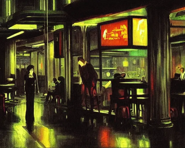 Image similar to the last open cyberpunk cafe in the futuristic dark city during a rainy night by hopper, edward