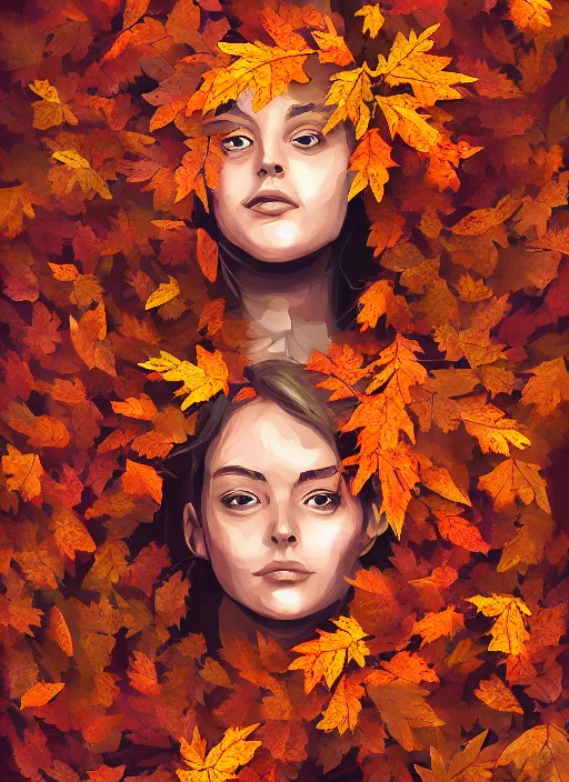 Prompt: a woman made of autumn leaves, digital painting, trending on artstation, ambient lighting, highly detailed