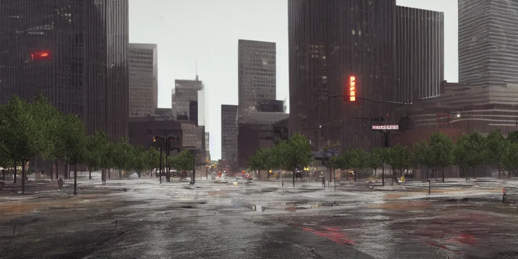 Prompt: the impact of reaganomics on downtown denver with heavy rain, cinematic, ultra - realistic, ultra - detailed, octane render, unreal engine 5, depth of field