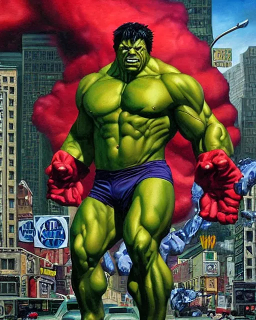 Image similar to a moody oil painting of the incredible hulk looking angry at noon in a city by joe jusko.