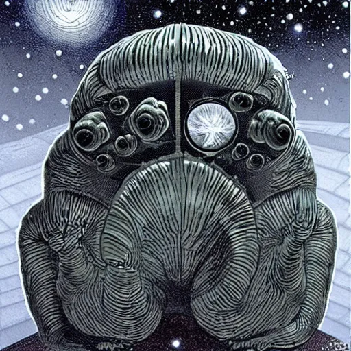 Image similar to the alien cosmic transcendent tardigrade that awaits you at the end of all of space and time, inspired by dan hillier