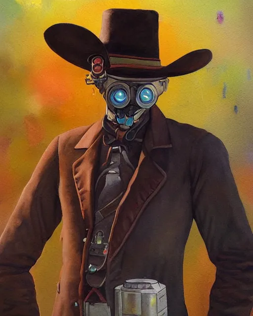 Image similar to a oil / watercolor painting full body character portrait of a high noon android in the style of moebius in the style of leonard boyarsky trending on artstation deviantart pinterest detailed realistic hd 8 k high resolution