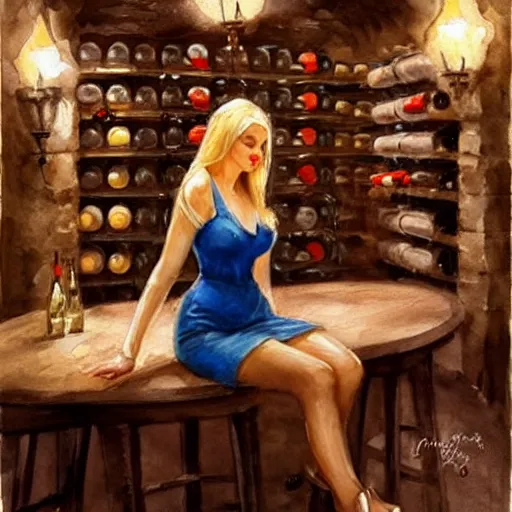 Prompt: hot blonde in tight dress in a wine cellar, food, pork, beer, schnapps, rustic, traditional, torches on the wall, watercolor by vladimir volegov, highly detailed, masterpiece