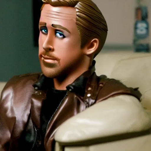 Image similar to amazing beautiful Ryan Gosling barbie doll wearing leather in the living room, film still from the movie directed by Denis Villeneuve , wide lens