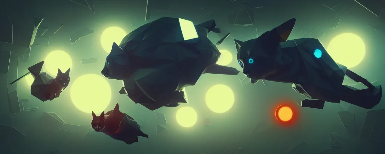 Image similar to duotone noir scifi concept illustration of lowpoly cats floating zero gravity glowing 3 d mesh portals futuristic, glowing eyes, octane render, surreal atmosphere, volumetric lighting. golden ratio by sachin teng and sergey kolesov and ruan jia and heng z. graffiti art, scifi, fantasy, hyper detailed. trending on artstation