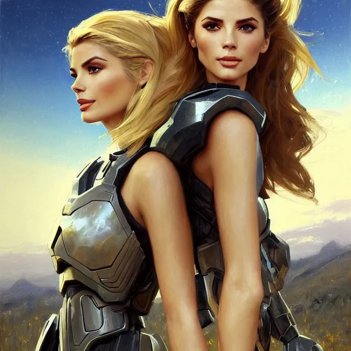 Image similar to portrait of a combination of Ashley Greene, Victoria Justice and Adriana Dxim, Grace Kelly and Lily Collins with blond hair wearing Forerunner armor from Halo, countryside, calm, fantasy character portrait, dynamic pose, above view, sunny day, thunder clouds in the sky, artwork by Jeremy Lipkin and Giuseppe Dangelico Pino and Michael Garmash and Rob Rey and Greg Manchess and Huang Guangjian, very coherent asymmetrical artwork, sharp edges, perfect face, simple form, 100mm