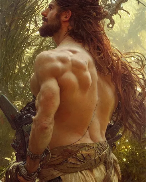 Image similar to god of the forest, 3 0 years old, rugged, male, gorgeous, detailed face, amazing, flowers, muscular, intricate, highly detailed, digital painting, artstation, concept art, sharp focus, illustration, art by gaston bussiere greg rutkowski alphonse mucha