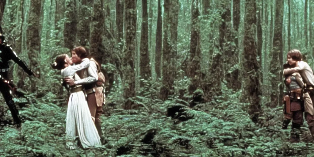 Prompt: luke skywalker, princess leia and han solo hugging and kissing in the forest of endor at the end of return of the jedi