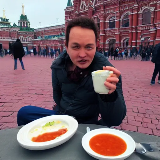 Image similar to Funny Dragon eating russian borsch soup on the Red Square,