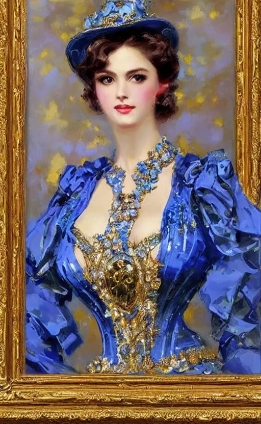 Image similar to Elegant Mecha laydy in blue victorian dress with gold ornaments. By Konstantin Razumov, highly detailded