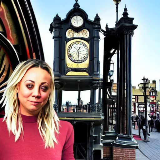 Image similar to A detailed photo of Kaley Cuoco under the Eastgate clock in Chester. Behind her we see a black panther