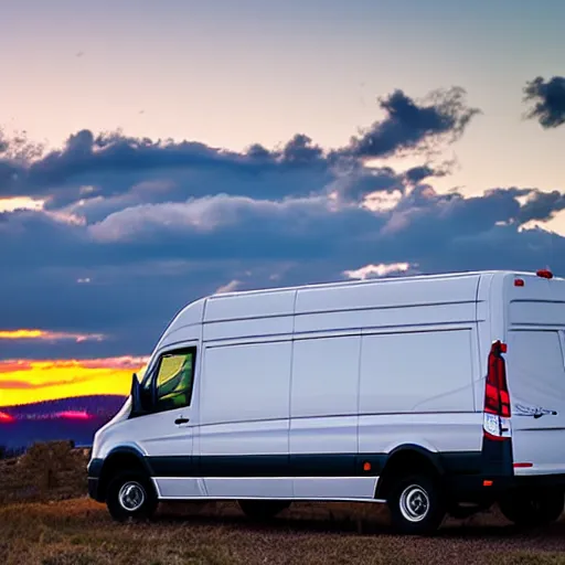 Prompt: a sprinter van in central oregon at sunset