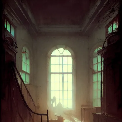 Image similar to psychiatric asylum, blood stains on the wall, horror scene, eerie atmosphere, by greg rutkowski and gaston bussiere, fluorescent lighting, beautiful volumetric - lighting - style atmosphere, futuristic atmosphere, intricate, detailed, photorealistic imagery, artstation