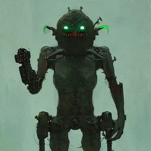 Image similar to minimalist cyborg goblin inside byzantine kowloon hoarder labaratory, portrait by by greg rutkowski and h. r. giger and stalenhag and deak ferrand, studio ghibli composition