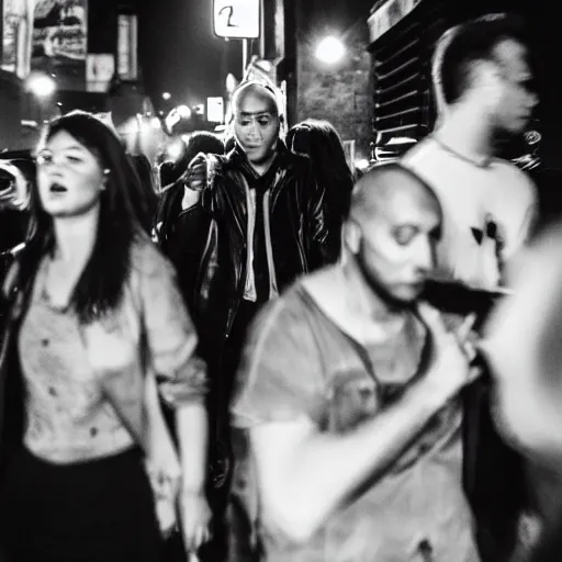 Prompt: Street photography, a close up of several people leaving a seedy nightclub at 5am, someone is smoking, someone is screaming,