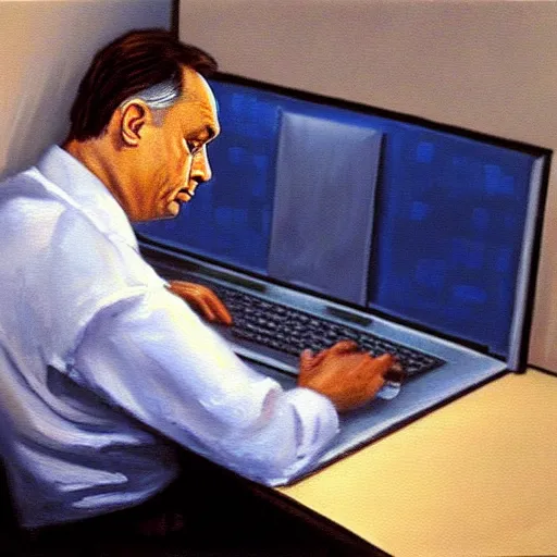 Image similar to viktor orban computer programming in a cubicle, oil painting