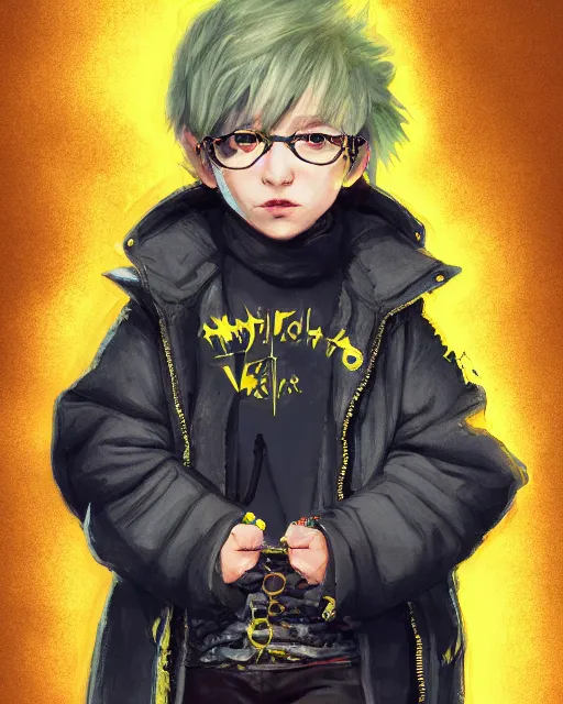 Prompt: a tiny punk kid wearing a puffy yellow jacket and a wizard wand, smooth, intricate, elegant, digital painting, artstation, concept art, sharp focus, illustration, art by ayami kojima, valorant character,