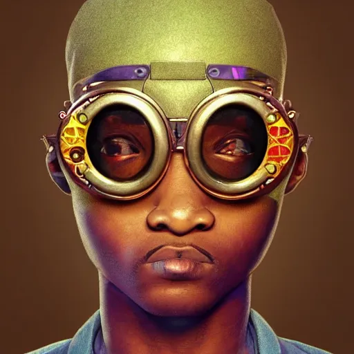 Prompt: colourful vfx upper half - portrait - art of a nigerian boy wearing steam punk goggles, art by utagawa kunisada, james jean & alphonse mucha, symmetrical, intricate detail, concept art, volumetric light, ray tracing, caricature, digital illustration, octane 3 d render, unreal engine, sharp, pinterest, behance, art station,