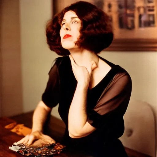 Prompt: Kodachrome long shot photograph of tall pale woman wearing velvet black dress with thin straps with pinned-back brown hair, looking to the side, leaning on a table, holding dress in a bunch. 8k Photograph. TIME Magazine.