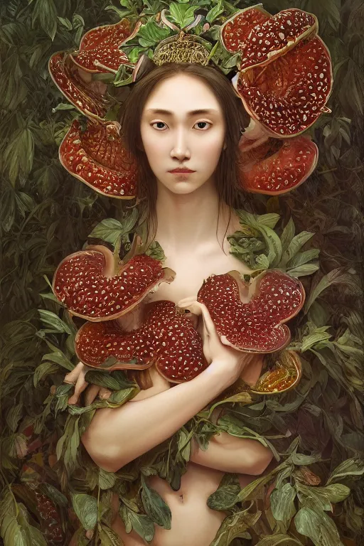 Image similar to breathtaking detailed concept art painting of the goddess of rafflesia arnoldii flowers, orthodox saint, with anxious, piercing eyes, ornate background, amalgamation of leaves and flowers, by Hsiao-Ron Cheng, extremely moody lighting, 8K