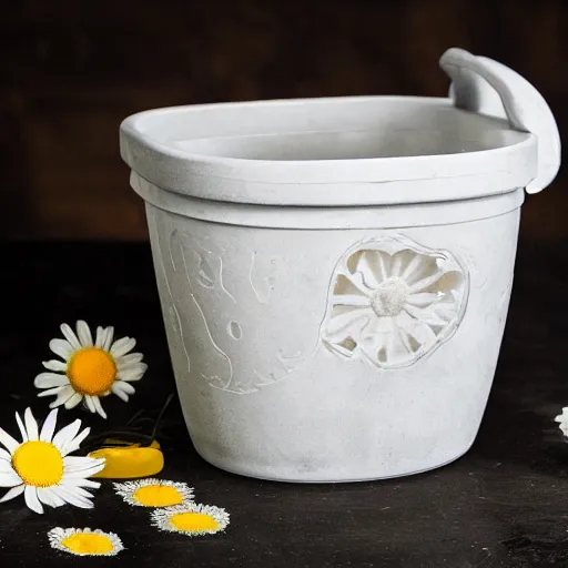 Image similar to chamomile tea in a bucket carved from ice —width 1024 —height 1024