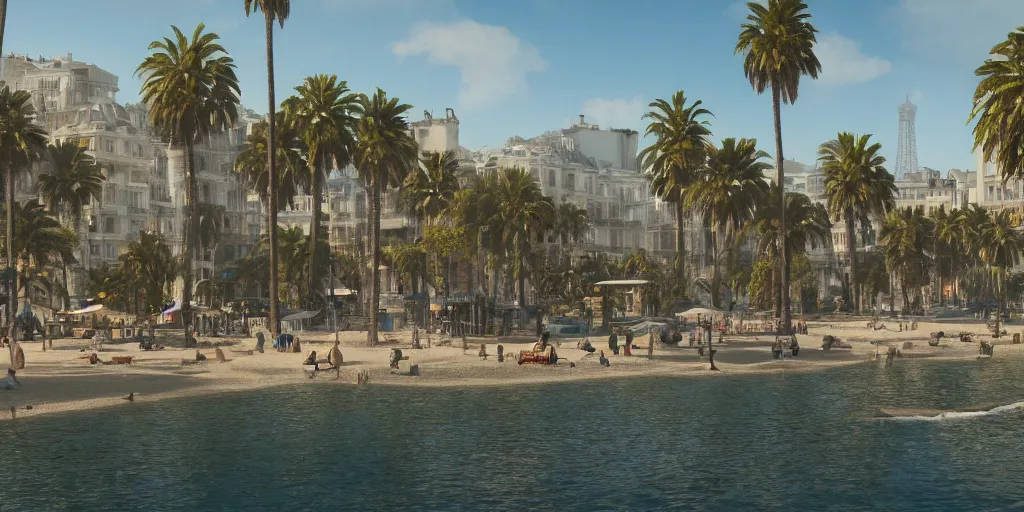 Prompt: landscape of the beautiful city of paris rebuilt near the pacific ocean in sunny california, amazing weather, sandy beach, palm trees, splendid haussmann architecture, digital painting, highly detailed, intricate, concept art, matte painting, trending on artstation, octane render, 8 k, unreal engine