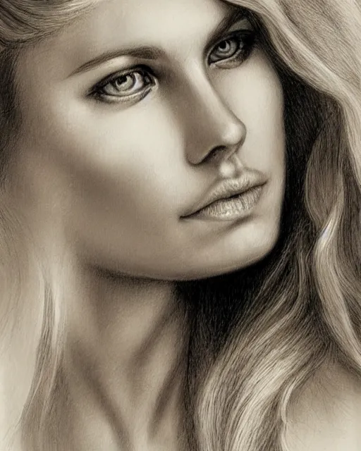 Image similar to pencil drawing of a beautiful greek goddess aphrodite with arrowhead earrings, beautiful piercing eyes, beautiful blonde hair, hyper realistic face, in the style of greg rutkowski, fantasy, amazing detail, epic, elegant, smooth, sharp focus, from the front