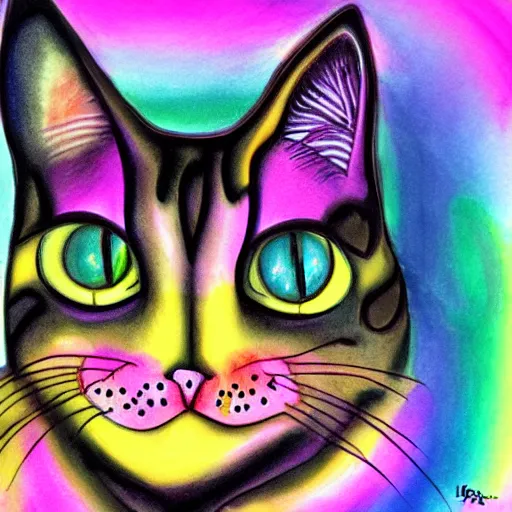 Image similar to A cat drawn by hr giger, by lisa frank, rainbow, pastel, colorful, digital art, watercolor