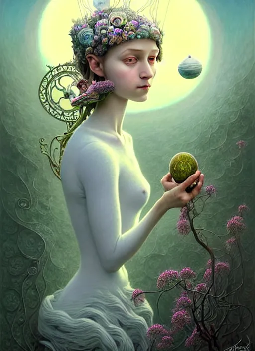 Prompt: art by Gediminas Pranckevicius, Hyperrealistic beautiful goodness ethereal white north pole girl portrait, art nouveau, fantasy, intricate flower designs, elegant, highly detailed, sharp focus, art by Artgerm and Greg Rutkowski and WLOP - princess of dead of tarot card The Star card shows a princess of dead standing in front of intricate magical stone energy portal. She is holding two containers of water. One container pours the water out to the dry land, as if to to nourish it and ensure its fertility. The lush green land around her seems to say that it is working. One foot is inside the water which shows the spiritual abilities and inner strength of the woman. The other foot on the ground shows her practical abilities and strengths. Behind her, there is a large central star surrounded by seven small stars which represent the chakras. There is bird standing at a tree branch which represents the holy ibis of thought. The Star's astrological correspondent is Aquarius.