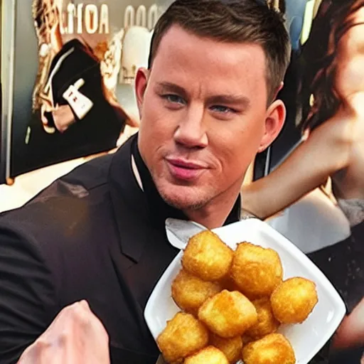 Image similar to channing tatum has a giant tater tot head, tater tot on plate, food photo