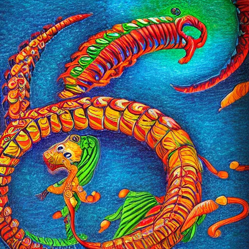 Image similar to quetzalcoatl in the ocean, extreme vivid colors, abstract realism, highly ornate intricate details, 1 9 2 0's colored pencil, 4 k, cinematic lighting,