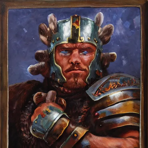 Image similar to a russian warrior who is wearing iron gauntlets in the shape of bear claws in the style of warhammer fantasy : : head and shoulders oil painting