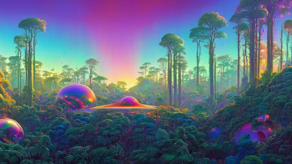 Prompt: highly detailed holographic iridescent sci fi world with forests, deserts, oceans, at dusk, by gilbert williams, by simon stalenhag, by beeple, by bruce pennington, by moebius, featured in juxtapoz, dynamic composition, octane render, with many different pastel shades of blue pink orange yellow green, beautiful lighting, prismatic