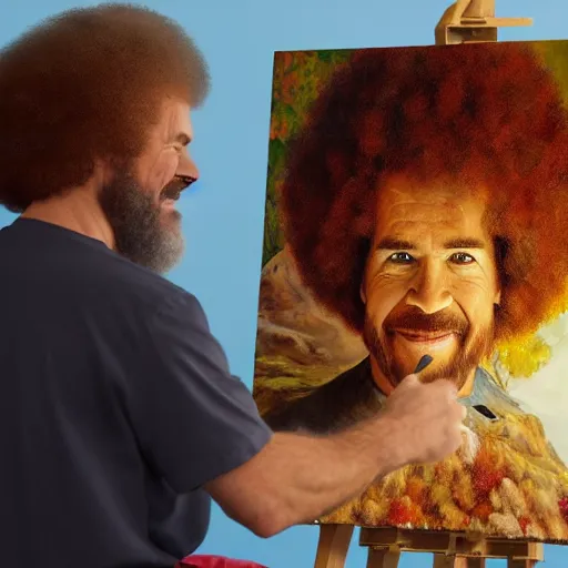 Prompt: a closeup photorealistic photograph of bob ross working on a canvas painting featuring iron man with happy trees. film still. this 4 k hd image is trending on artstation, featured on behance, well - rendered, extra crisp, features intricate detail, epic composition and the style of unreal engine.