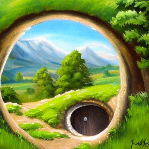 Prompt: landscape painting of bag end hobbit hole, round door, tolkein, lord of the rings, painting by bob ross