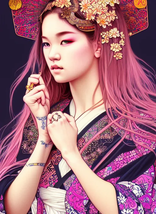 Image similar to jossi of blackpink, yukata, tarot card, highly detailed, digital painting, smooth, sharp focus, illustration, ultra realistic, 8 k, art by artgerm and alphonse mucha