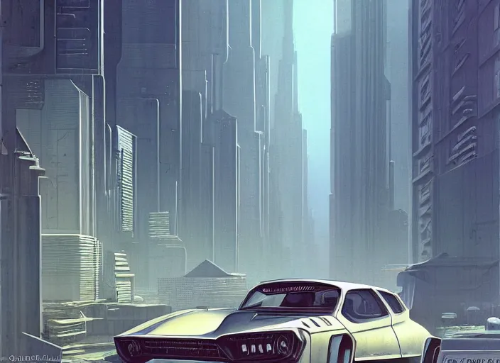 Prompt: a car driving down a street next to tall buildings, cyberpunk art by Chesley Bonestell, cgsociety, retrofuturism, matte painting, reimagined by industrial light and magic