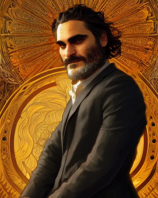 Image similar to painting of joaquin phoenix, decorated, intricate, elegant, highly detailed, digital painting, artstation, concept art, smooth, sharp focus, illustration, art by artgerm and greg rutkowski and alphonse mucha, 8 k