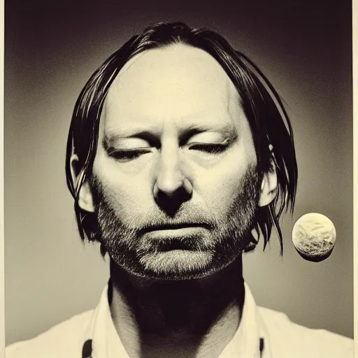 Prompt: Radiohead, holding the moon upon a stick, with a beard and a black jacket, a portrait by John E. Berninger, dribble, neo-expressionism, uhd image, studio portrait, 1990s