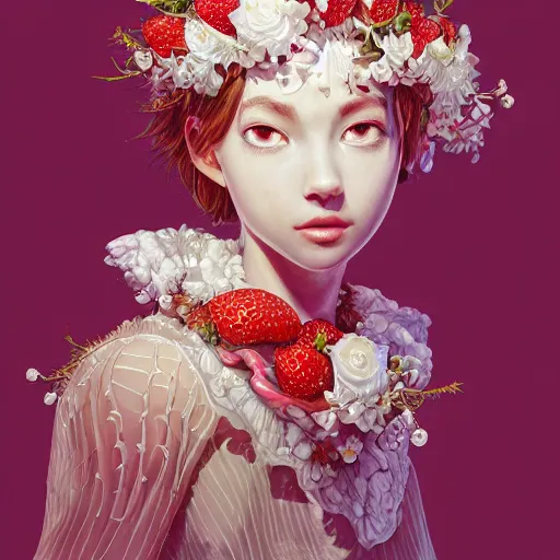 Image similar to the portrait of an absurdly beautiful, graceful, elegant, sophisticated, fashionable young idol made of strawberries and white petals with tears, an ultrafine hyperdetailed illustration by kim jung gi, irakli nadar, intricate linework, bright colors, octopath traveler, final fantasy, unreal engine 5 highly rendered, global illumination, radiant light, detailed and intricate environment