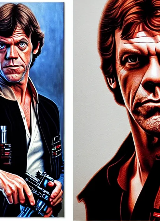 Image similar to upper body portrait of hugh laurie as han solo in star wars from 1 9 7 7, wearing han solo's clothes, wearing a black vest and a white shirt, hyperrealistic, very detailed painting by glenn fabry, by joao ruas, by artgerm