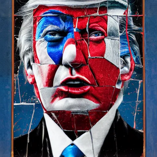 Image similar to mosaic portrait of clown trump into the sky by greg rutkowski, 4k, intricate details, dichotomy