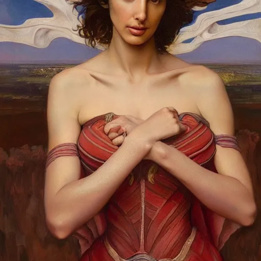 Prompt: Oil painting of the beautiful woman Gal Gadot, she is wearing some withe old cloths and a surreal ornate, her hair is natural disheveled, naturalism, dramatic lighting, high-detailed oil painting by Ilya Repin, Michelangelo da Caravaggio, William Blake, Alex Grey and Beksinski, trending on Artsatio, masterpiece, 4k, 8k,