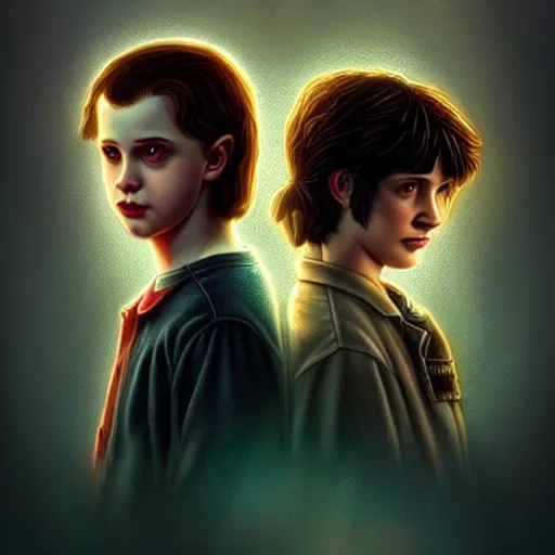 Image similar to Twilight version of Stranger Things, Portrait of Edward and Bella, diffuse lighting, fantasy, intricate, elegant, highly detailed, lifelike, photorealistic, digital painting, artstation, illustration, concept art, smooth, sharp focus, art by Krenz Cushart