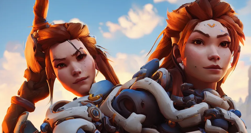 Image similar to one character, overwatch, brigitte, horizon zero dawn, aloy, digital art, high detailed, artstation, octane render