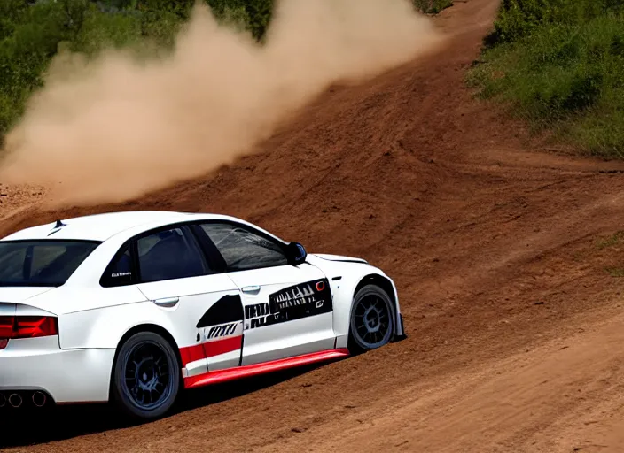 Image similar to action photo of an Audi M3 Nismo rally car on a dirt road