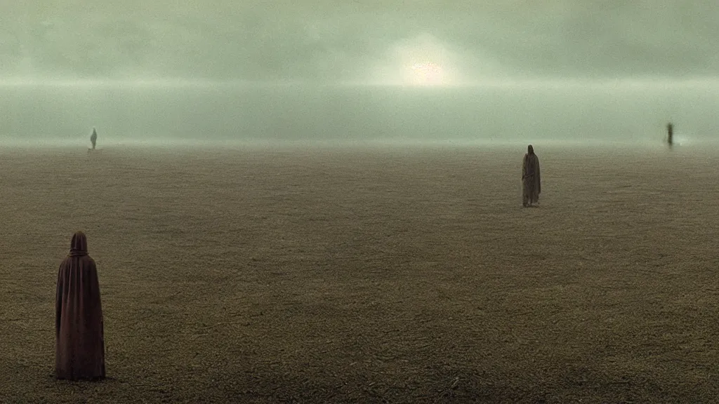 Image similar to the giant doubt, film still from the movie directed by Denis Villeneuve with art direction by Zdzisław Beksiński, wide lens