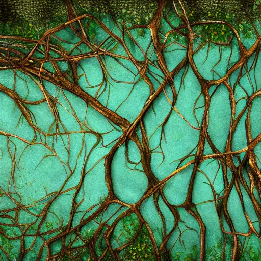 Image similar to Mangrove swamp tangled mangrove roots on a muddy shore, ground texture, flat top-down view. Matte painting, simple cartoon style