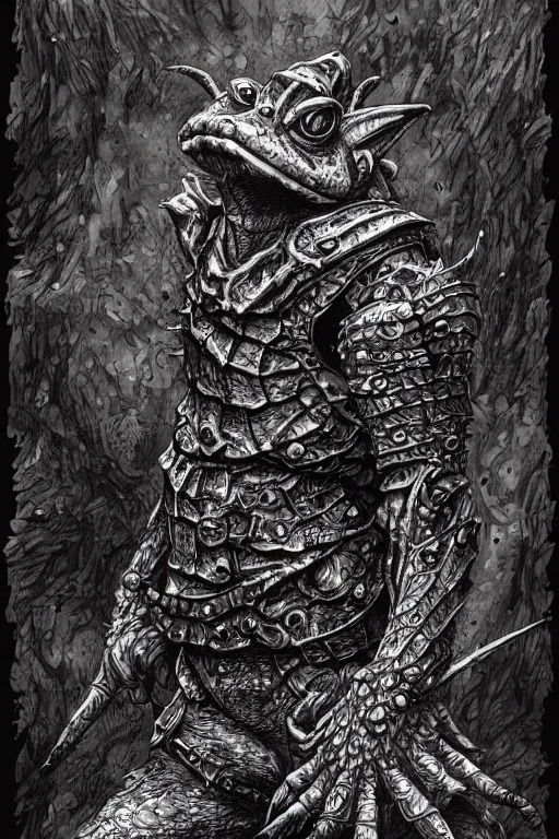 Prompt: toad goblin, wearing armour, swamp, symmetrical, highly detailed, digital art, sharp focus, trending on art station, kentaro miura manga art style