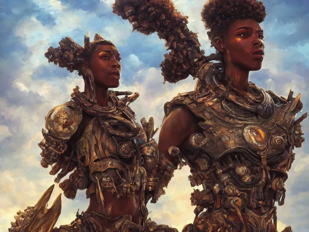 Image similar to a beautiful oil on canvas of an afrofuturistic warrior, beautiful, detailed, stunning. post - apocalyptic landscape in the background, epic sky, vray render, artstation,, pinterest, sci - fi, afrofuturism, 5 0 0 px models